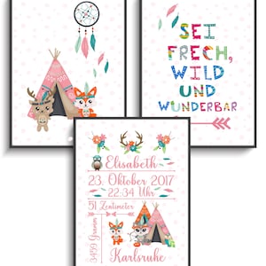 Personalisiertes 3-er Set Geburtsposter Mädchen, Stammtes Tiere Geburtsdaten & Name, Liebevolle Babyzimmer Wanddeko