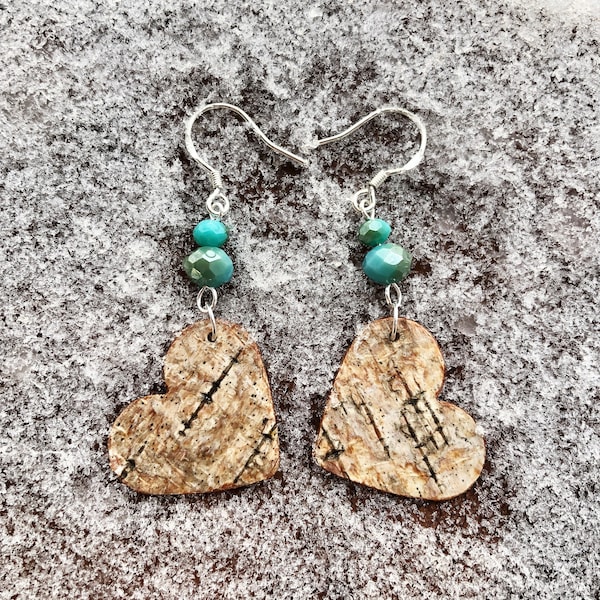 Alaskan Birch Tree Bark Earrings, Heart with Teal Glass Beads, Sterling Silver Dangle Drop Hooks, Copper Backing, Made in Alaska