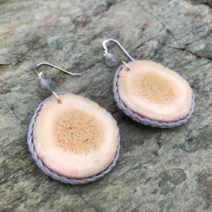 Alaskan Caribou Antler Earrings with Light Gray Thread Border and Light Gray Beads, Sterling Silver Dangle Drop Hooks, Made in Alaska