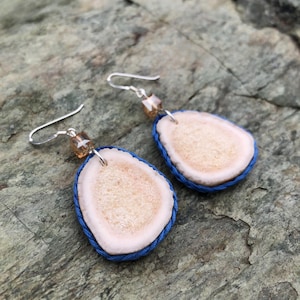 Alaskan Caribou Antler Earrings with Blue Thread Border and Light Orange Beads, Sterling Silver Dangle Drop Hooks, Made in Alaska