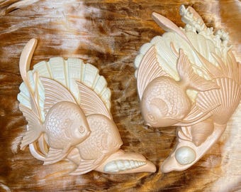 Pair of 80s MCM Burwood Plastic Pink and White Fish and Shells Wall Decor - Ocean Sea Life Vintage Style