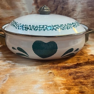 Vintage White and Green Corningware Casserole Dish with Lid