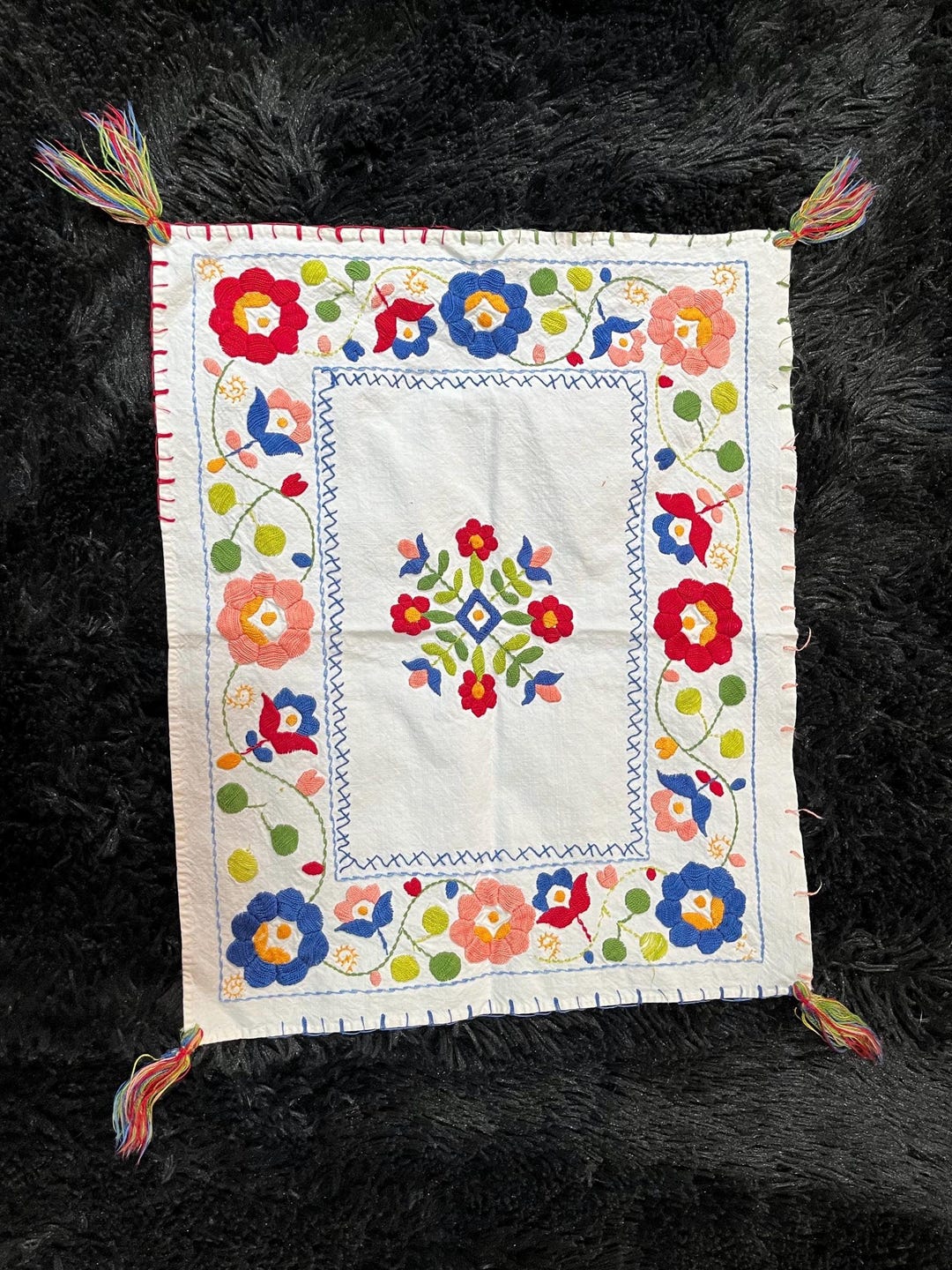 Rectangular Floral Embroidered, Colorful Fabric Wall Art - Handmade ...