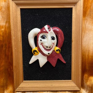 7” x 5.25” Framed Ceramic Jester Portrait Wall Art - Red and White