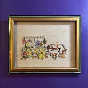 Vintage Framed Needlepoint Wall Art - Horse-Drawn Flower Cart - Cottage Country Cute Style