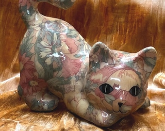 Light Porcelain Patchworks Vintage Pink Floral Cat Figurine by Joan Baker Designs - Kitten Flower Pattern Small Figurine