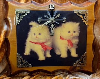 Double Fluffy White Kitten Vintage Lacquered Wood Wall Clock - MCM Cat Wall Decor