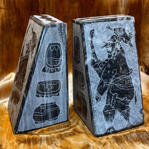 Pair of Heavy Modern Mayan-Style Carved Stone Bookends