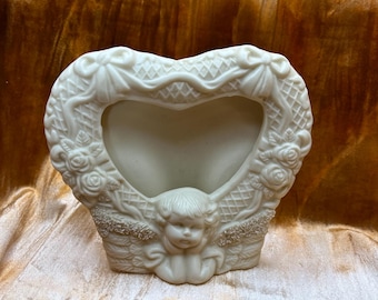 Bisque Porcelain Cherub Heart, Lace, Roses Small Vintage Picture Frame
