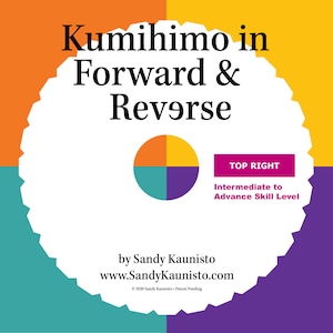May include: Image featuring the text "Kumihimo in Forward & Reverse" on a white, scalloped shape, set against a colourful background. A circular graphic shows four coloured quadrants. Text indicates an intermediate to advanced skill level.