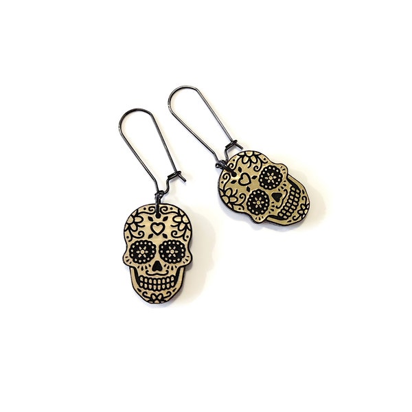 EDITION LIMITE Boucles d'Oreilles pendantes en acrylique or brossé et noir Petites Calaveras têtes de mort