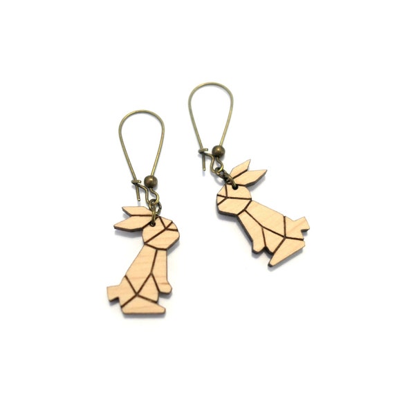 Boucles d'Oreilles pendantes en bois gravé - Lapins origami