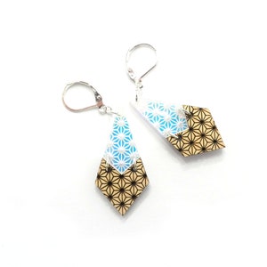 Earrings Les Minis - Duo of colors multicolored iridescent mirror and wood pattern Origami