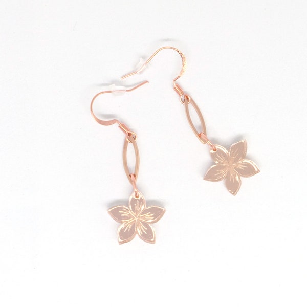 Small frangipani flower dangling earrings in rose gold mirror plexiglass on small hook