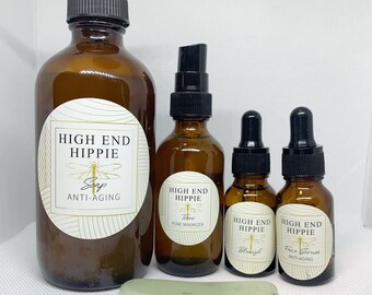 Regalo para mamá Orgánico Skincare Box / Anti-aging Facial Cleanser / Poro Minimizador / Suero Blemish / Hidratante & Apretar Aceite de Cara / Gua Sha Stone