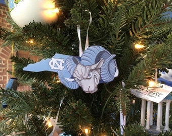 UNC Mascot with state of NC Ornament