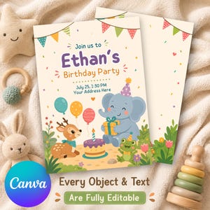 Woodland Animal Birthday Invitation Canva Template | Cute Elephant Deer Frog Party Invite | Kids Birthday Flyer Digital Download NA-03