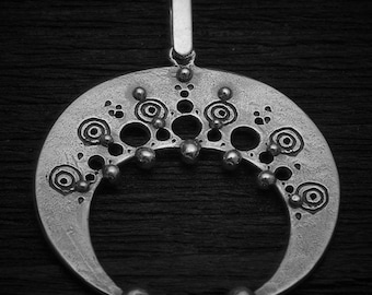 Sterling Silver Moon Pendant, Handmade Ethnic Design, Leather Cord
