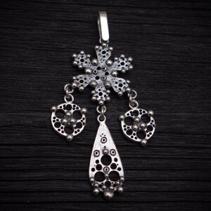 Charming long pendant, Silver pendant on leather cord, Small snowflake with pendants, Handmade women pendant, Stylish Christmas present.