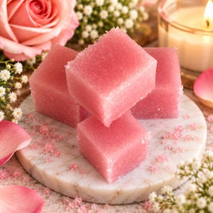 May include: Four pink, square-shaped sugar scrub cubes are stacked on a round, white marble coaster. The surface of the cubes is textured with visible sugar granules. Scattered pink sugar crystals surround the base of the stacked cubes.