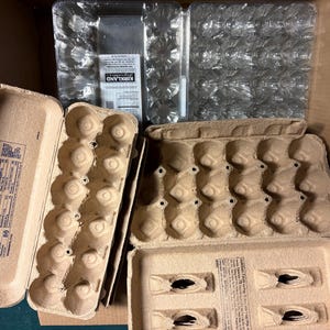 May include: Assortment of empty egg cartons, including cardboard and clear plastic containers. The cardboard cartons are beige and have molded egg compartments. The plastic containers are transparent and have a grid-like structure.