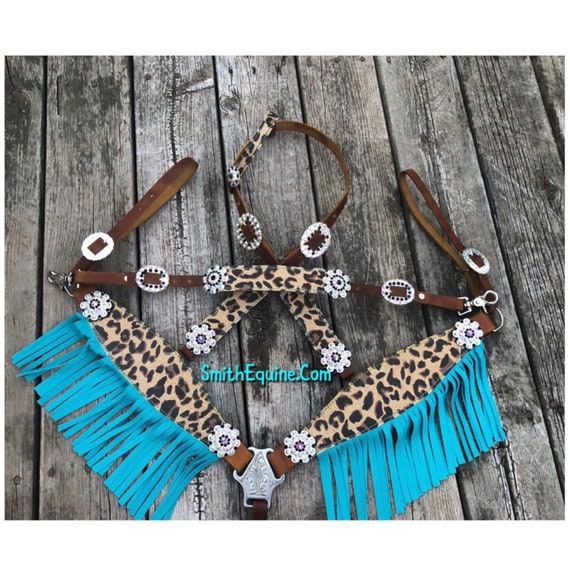 Breast Collar Tack Set Western Horse Bling Cheetah Fringe Bejeweled Bridle 