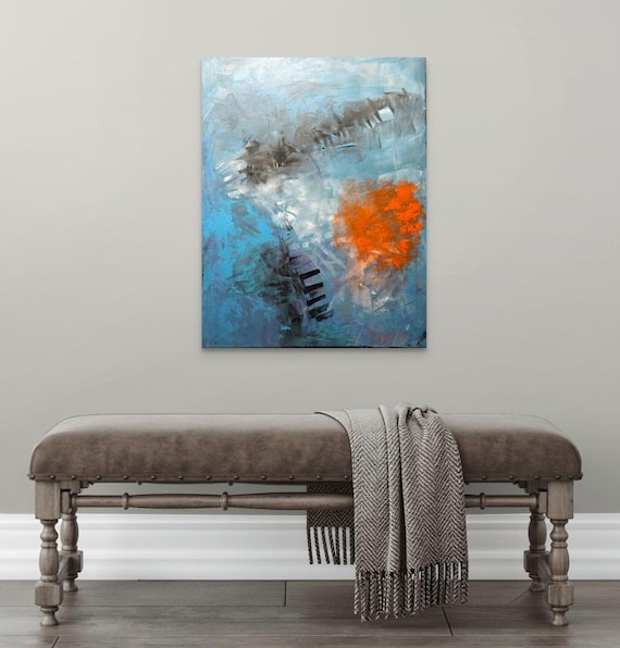 Original Abstract Art on canvas, 22x28,blue,orange,black