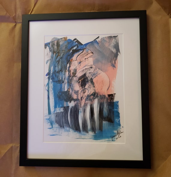 Original  abstract Framed 14x17  blues black white pink