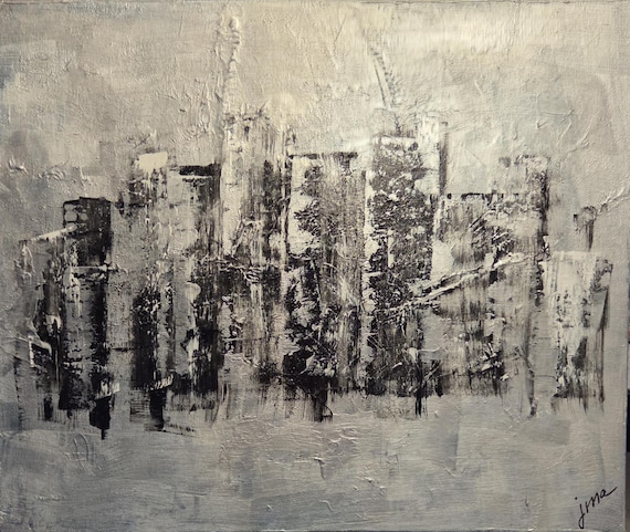 Original Abstract Cityscape Painting, Black and Silver Textured Wall Art, Hand Painted 16x20