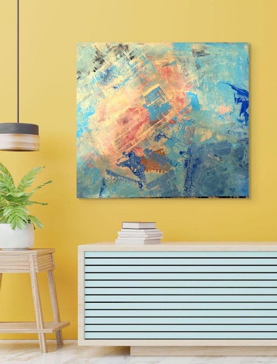 Original Acrylic Abstract Painting on stretched cotton canvas 20x24" Shades of blue, pink and white