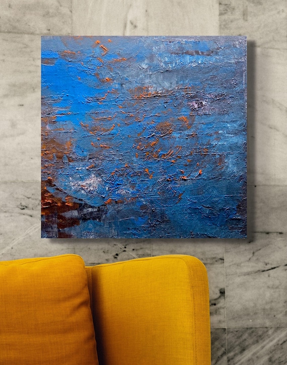 Original abstract painting acrylic on stretched canvas 20x24 dark blue tones with accent of orange