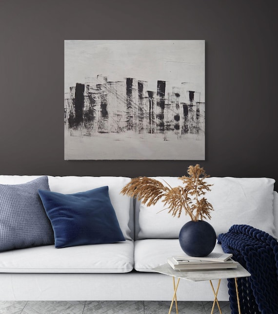 Original Abstract acrylic Painting 20x25 Black and White Skyline