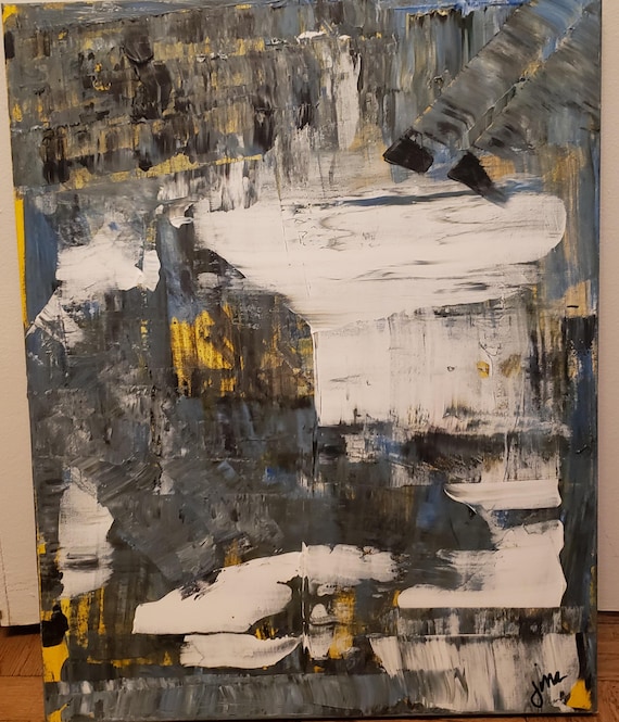 Original Abstract Acrylic Painting: Colorful , white grey yellow black  22x28
