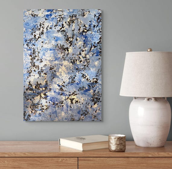 original abstract 20x24 stretched canvas blue black and white