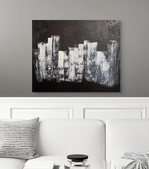 Original Abstract Skyline Painting 22x28 Black and White