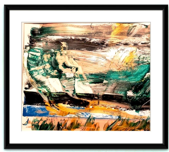 Acrylic Painting original abstract Vibrant green blue  pink silver 11x14 signed