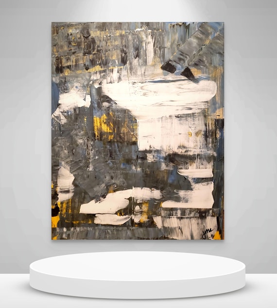 Original Abstract Acrylic Painting: Colorful , white grey yellow black  22x28