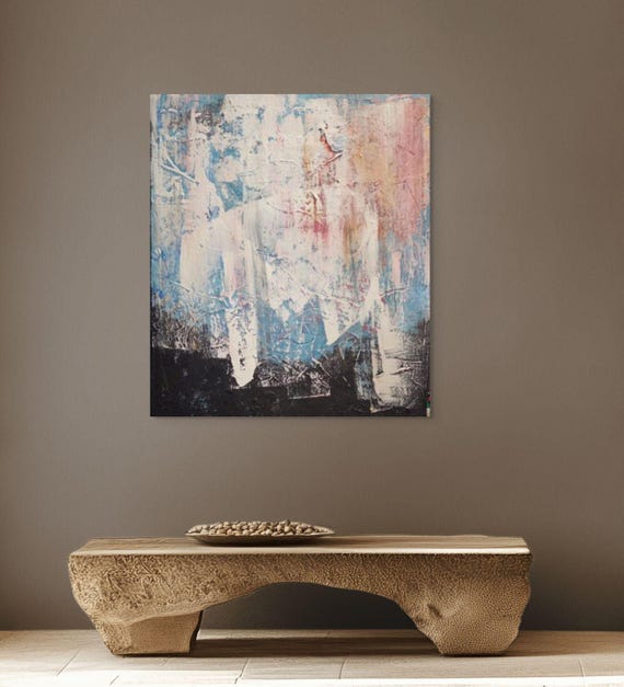 Original abstract painting acrylic on stretched canvas 20x24 dark blue tones with accent of orange