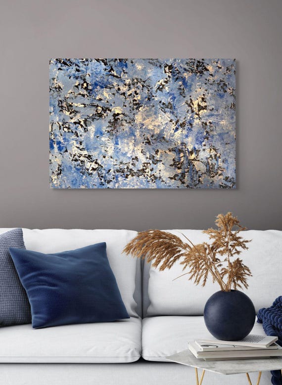 original abstract 20x24 stretched cnvas blue black and white