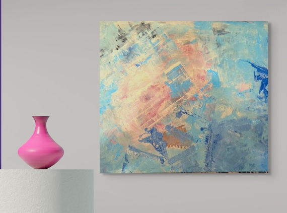 Original Acrylic Abstract Painting on stretched cotton canvas 20x24" Shades of blue, pink and white