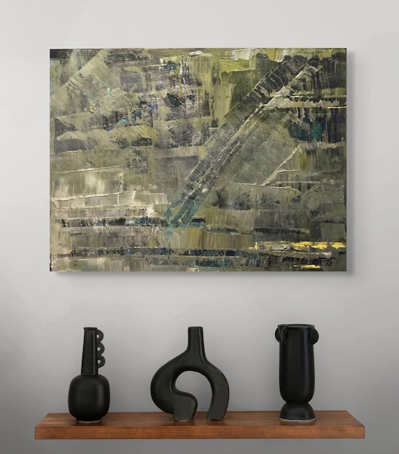 abstract painting acrylic on stretched canvas 22x28 gray  dark gray yellow black