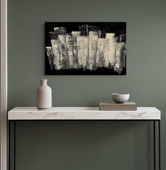 Original Abstract Cityscape, Canvas wall Art,  16x20,  silver and black TEXTURED  stretched canvas