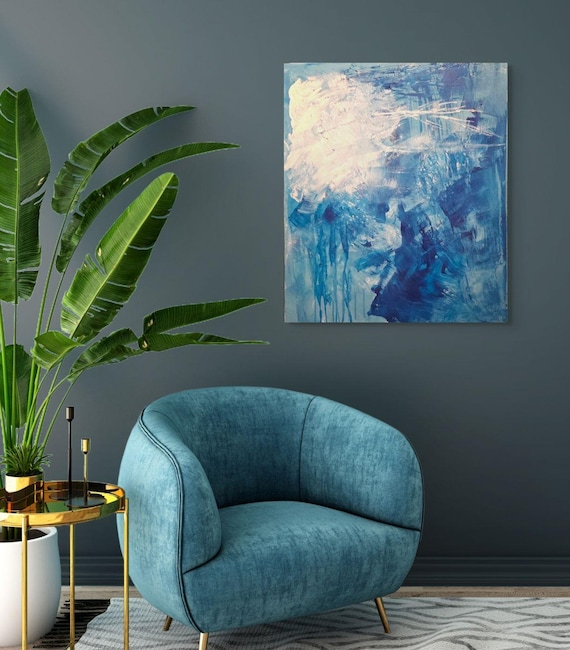 Original Abstract Painting 20x24" shades of blue with bright white