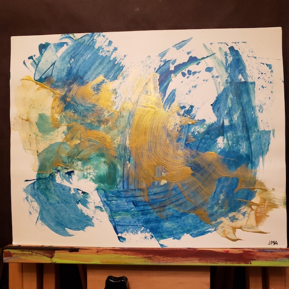 Original Abstract Painting acrylic paint on art paper with a mat 11x14 blue and gold