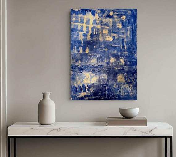 Original Abstract Hand Painted,Vibrant  Shades of Blue and White  , 20x24x1.5" Stretched Canvas