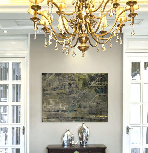 abstract painting acrylic on stretched canvas 22x28 gray  dark gray yellow black