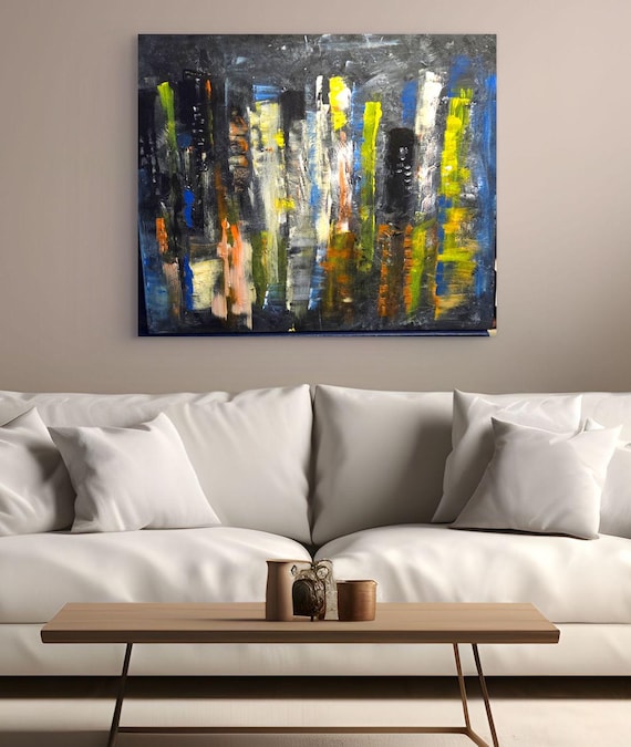 Original Abstract Cityscape, Hand Painted  Abstract 20x24", Vibrant Multicolor Canvas