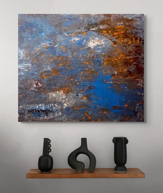 Original abstract painting acrylic on stretched canvas 20x24 dark ble with orange