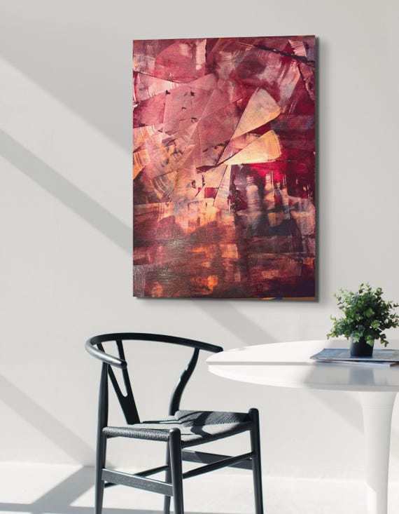 Original Abstract Art, Acrylic on Stretched Canvas 0x24, brillian shadres of Burgundy and Muted tones