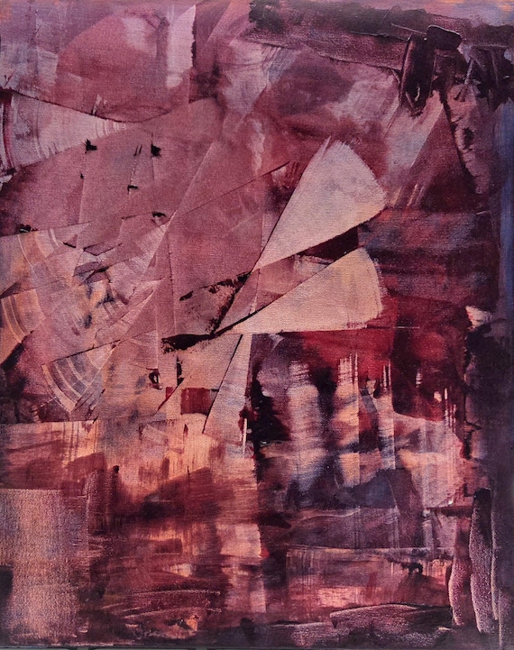 Original Abstract acrylic painting 20x24" vibrant shades of burgundy and maroon geometric shapes